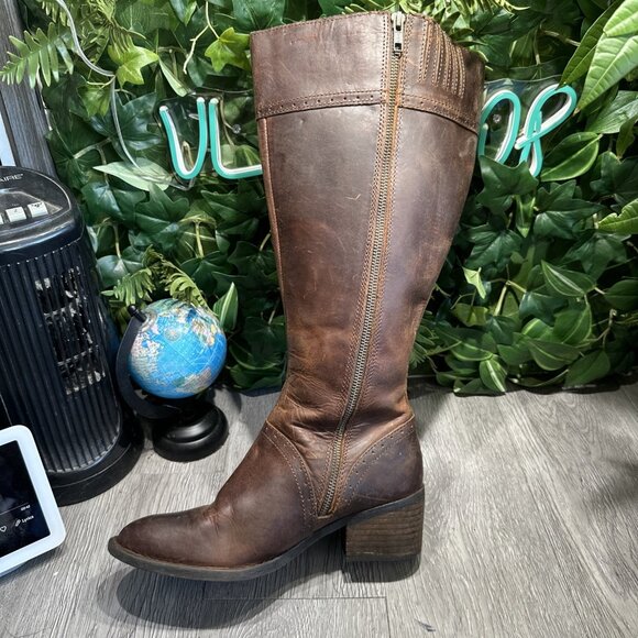 Born Women's Poly Riding Boot Size 8 M Tall Zip Block Heel Brown Leather - Picture 8 of 13